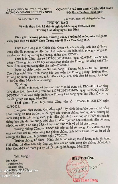 Thông báo Về việc thực hiện kỳ thi tốt nghiệp khóa ngày 07/6/2021 của trường Cao đẳng nghề Tây Ninh